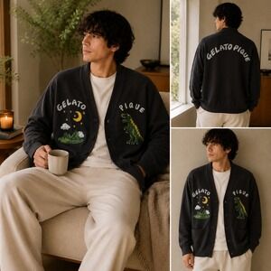 Gelato Piqué Homme Men's M Cardigan Plush Fleece Dinosaur Moon Graphic Dark Gray